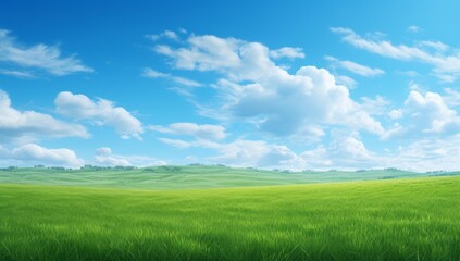 Fototapeta na wymiar Green field on the horizon Panoramic green field landscape view. Blue mountains background and bright blue sky. Windows background, wallpaper