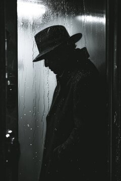Person, looks as detective in long trench and hat stands behind glass in raindrops. Monochrome filter. Dramatic scene.