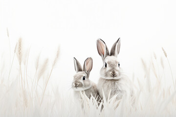 Zwei Hasen sitzen im Graß mit weißem Hintergrund