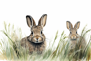 Obraz premium Zwei Hasen sitzen im Graß mit weißem Hintergrund