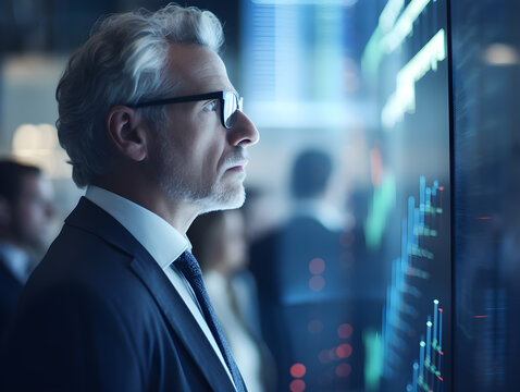 traders brokers stock exchange market investors discussing trading charts growth using pc computer looking at screen analyzing financial risks, investment profit forecast.,generative ai