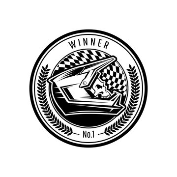 Racing medals for motorsport with a skull racer in helmet. Motocross race winner badge. Vector moto logo.