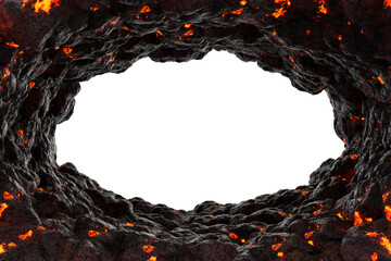 Frame of lava and magma mountain cave with isolated on transparent background - PNG file, 3D rendering illustration, Clip art, cut out and element - obrazy, fototapety, plakaty