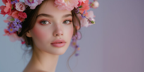 A radiant woman adorned with a vibrant flower crown, embodying the essence of strength, beauty, and grace, celebrates International Women's Day with a blooming spirit.