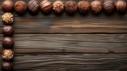 Obraz na płótnie Canvas Handmade natural chocolate candies showcased on a wooden background.