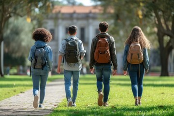 Group of students with backpacks walking at university campus together