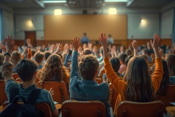 A back view of students raising their hands as teacher asks questions in a large classroom.