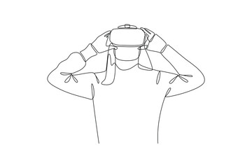 Single continuous line drawing of woman putting on vr headset. Virtual reality game player concept one line draw design vector illustration