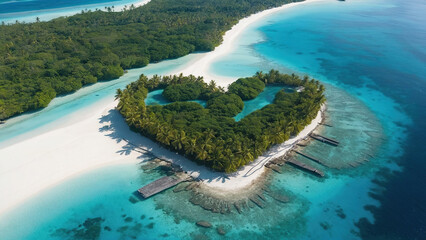 Top view of heart shaped island atoll - obrazy, fototapety, plakaty