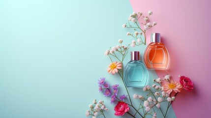 Retro vintage perfume on pastel background with flowers, copy space for text