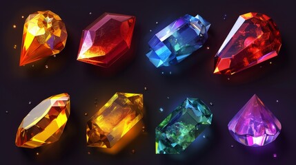 Set of fantasy colored gems for games. Diamonds with different cuts, fantasy mystic style. Isolated jewels, diamonds gem set