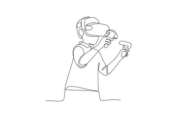 Single continuous line drawing of young man paying game with virtual reality controller. Virtual reality game player concept one line draw design vector illustration