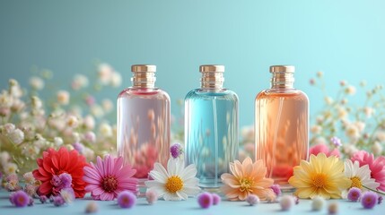 Obraz na płótnie Canvas Retro vintage perfume on pastel background with flowers, copy space for text