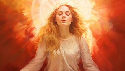 A young woman praying in the golden sunlight, youthful, cute and dreamy religious image. Lonely boy prays. Child meditates and turns to God with his hands folded on his chest. Concept of religion
