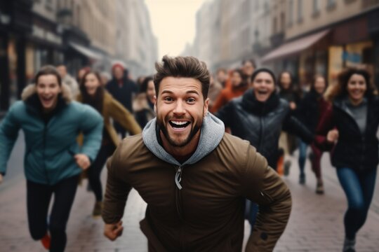 happy man running on the background of a crowd of people