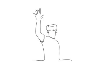 Obraz premium Single continuous line drawing of man playing game in virtual reality. Virtual reality game player concept one line draw design vector illustration