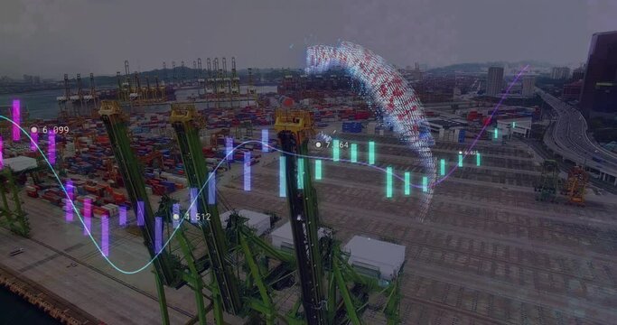 Animation of financial data processing over sea port and globe