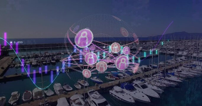 Animation of financial data processing over sea port and globe
