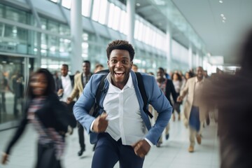 happy african american man running on the background of a crowd of people