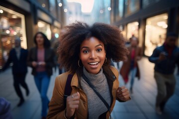 happy african american woman running on the background of a crowd of people - obrazy, fototapety, plakaty