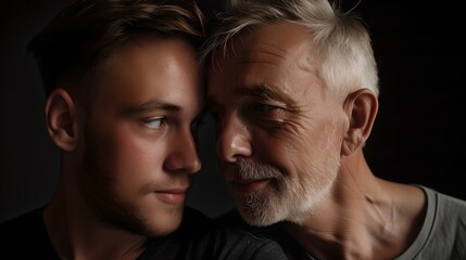 Intimate portrait of two men, reflecting generational bond. capturing connection and emotion. dark background, close-up shot. AI