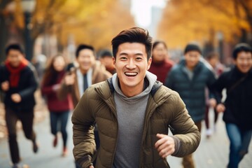 happy asian man running on the background of a crowd of people - obrazy, fototapety, plakaty