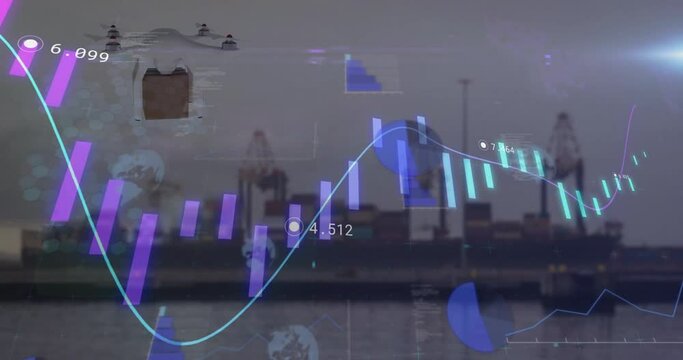 Animation of financial data processing over sea port and drone carrying box