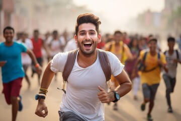 happy indian man running on the background of a crowd of people