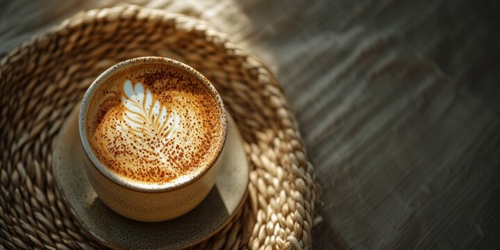 A cup of aromatic coffee with cinnamon on a wicker stand. Banner with copy space 
