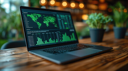 Showcasing environmental social governance ESG on an eco-friendly laptop with businesses taking steps to protect the environment for a clean and sustainable future ecosystem.