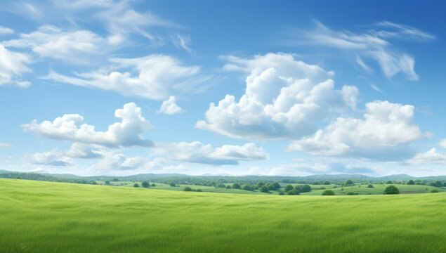 Green field on the horizon Panoramic green field landscape view. Blue mountains background and bright blue sky. Windows background, wallpaper