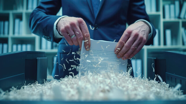 Executive hands in a suit destroying confidential documents with financial information. Destruction and protection of economic, personal and business data.