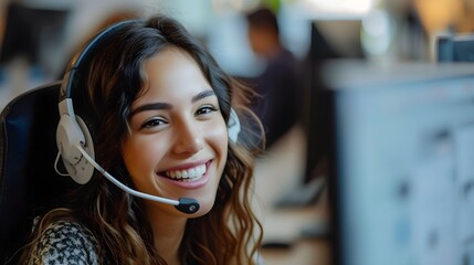 A call center agent smiling and wearing a headset in front of a computer - obrazy, fototapety, plakaty