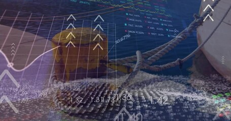 Animation of financial data processing over sea port and arrows - Powered by Adobe