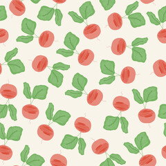 Vegetable trendy creative  cjlorful seamless pattern. Hand drawn, flat scandinavian style, manual art, radish. Healthy nutrition, organic food. Vector illustration.