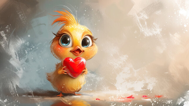 cute tweety yellow bird celebrating valentines day, with a red heart, love emotions illustrations	
