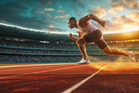 Dynamic photo of a professional athlete at the moment of starting a sprint, capturing the intense focus and explosive power, vibrant stadium background
