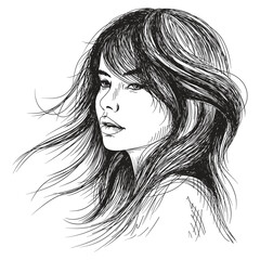 Vector portrait of a fashionable young beautiful girl with tousled hair. Vector dotted black and white female portrait.