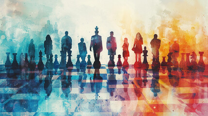 concept of Belonging Inclusion Diversity Equity DEIB, group of multicolor painted people of different styles on same game chess board	
 - obrazy, fototapety, plakaty