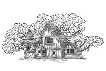 Fairytale children's wooden house with tiled roof with a garden . Sketch in cartoon style isolated on white background.