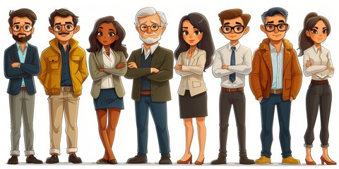 A flat cartoon character set depicting a diverse and stylish group of young professionals, representing teamwork and modern corporate life. - obrazy, fototapety, plakaty