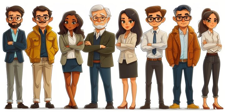 A flat cartoon character set depicting a diverse and stylish group of young professionals, representing teamwork and modern corporate life.
