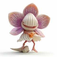 Fantastical creature blending orchid and snail features with smiling expression.