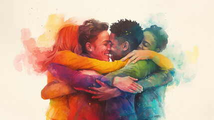 concept of Belonging Inclusion Diversity Equity DEIB, group of colorful people of different backgrounds hugging eachother	
