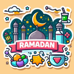 Islamic holiday banner FLAT VECTOR WITH KID PRAY AT NIGHT HOLDING QURAN