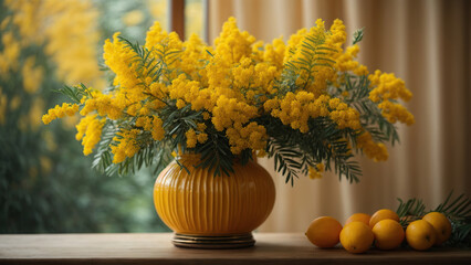 Bouquet of mimosa in an antique vase on a dark background