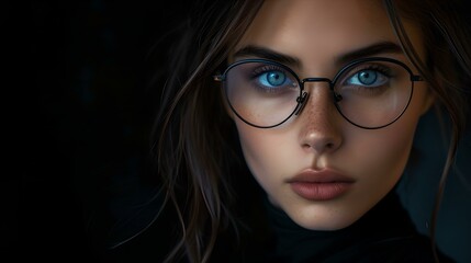 Fototapeta na wymiar Intriguing ai-created portrait of a woman with blue eyes and glasses. ideal for modern art uses. versatile and stylish image. AI