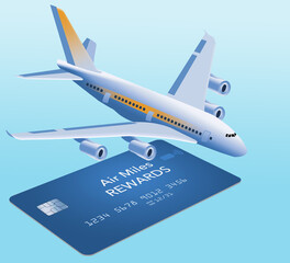 An air miles reward credit card is seen isolated on a blue background with an airliner in a 3-d illustration about frequent flyer rewards.