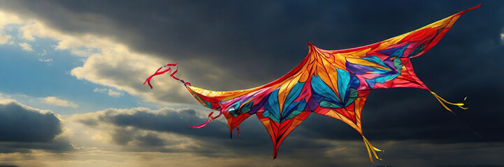 bright kite against the background of thunderclouds