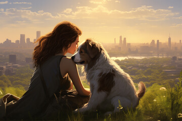 A heartwarming moment in a cityscape as a woman kisses her dog in a field, captured in cinematic beauty.